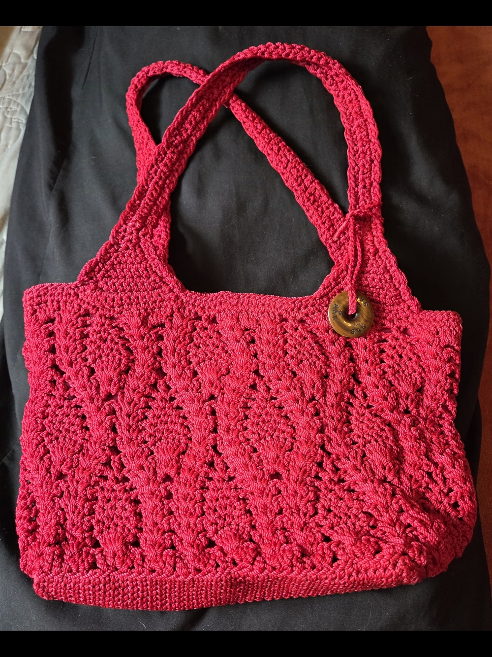 The Sak Bright Red Crochet Tote with Wooden Button